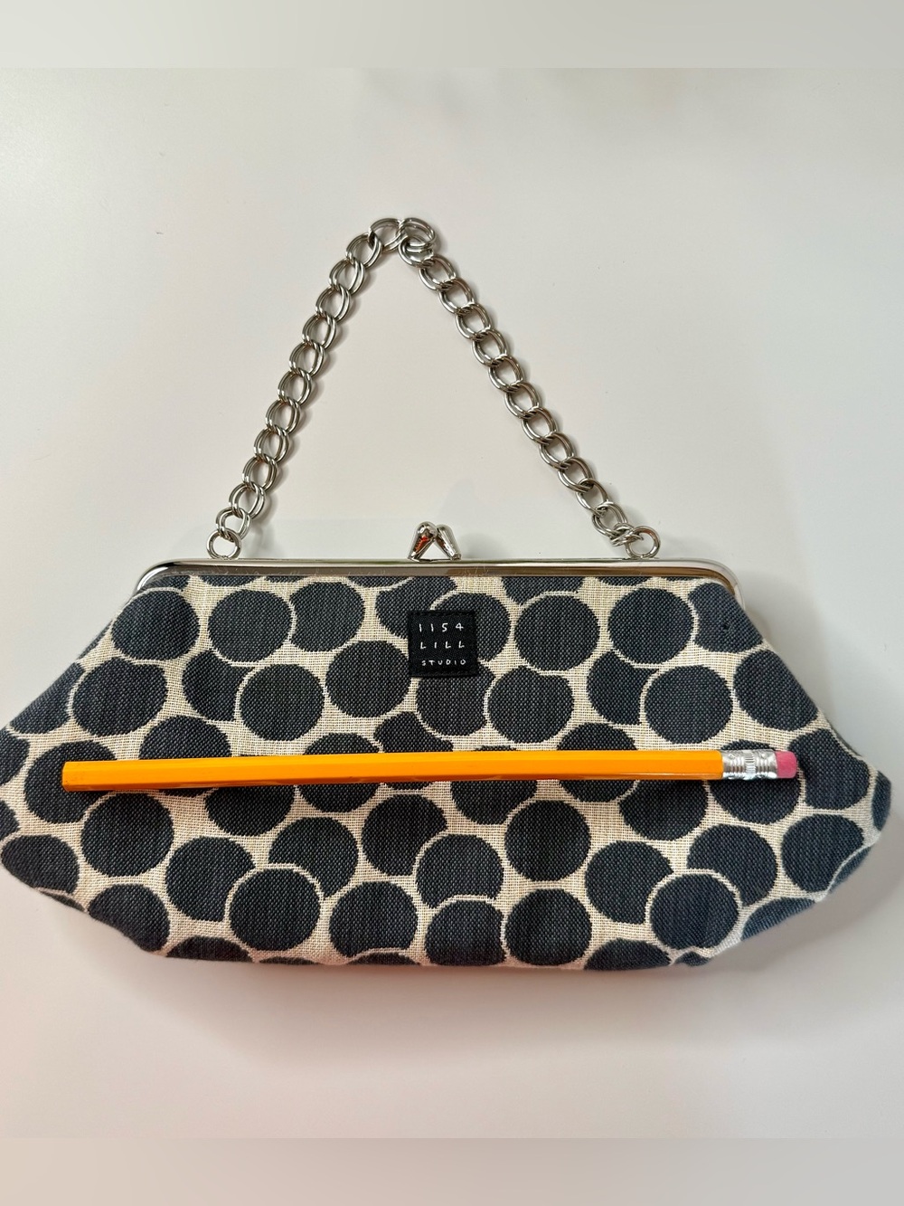 1154 Lill Studio Polka Dot Fabric Clutch Evening Bag Gray Cream Kiss Lock Frame - Picture 14 of 15